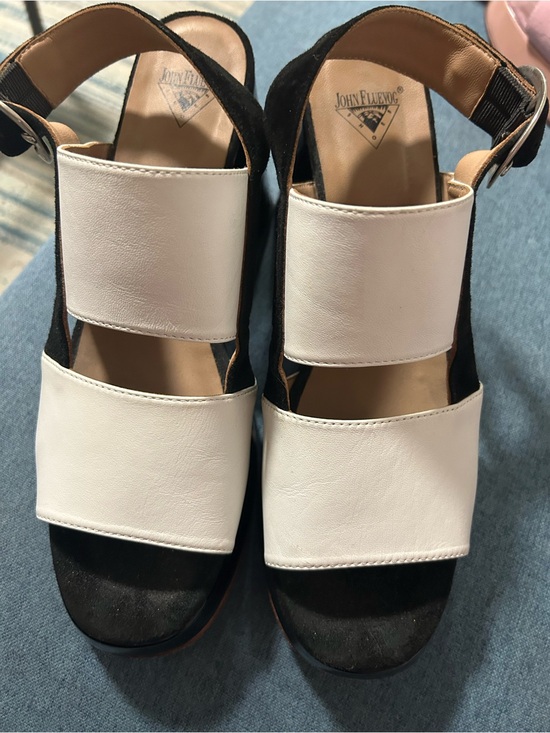 John Fluevog Shoes - John Fluevog Black and White Leather Wide-Strap Slingback Sandals